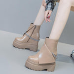 Spring Autumn Winter New Slim Height Increasing Platform Metal Chain Genuine Leather Women High-top Short Modern Trouser Boots