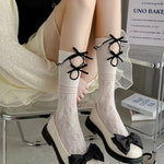 Jk Tie Lace Fishnet Stockings for Women Lolita Middle Tube Socks Sexy Straps Bandage Ribbon Japanese Over Knee Long Socks Party