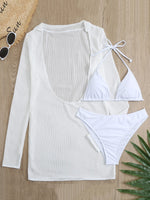 Slit Cuff Plunge Neck Three Pieces Bikini Set with Cover Up Plain Swimsuit Women Swimwear 2023 Bikinis Summer Beach Bathing Suit