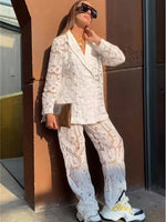 INS Fashion Lace Crochet Blazer Suit for Women Two 2 Piece Set Outfits Autumn Clothing Blazer Top and Pants Suit CHIC Woman Sets