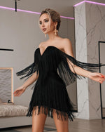 CIEMIILI 2022 Women Fashion Tassel Bandage Dress Sexy V Neck Off Shoulder Bodycon Nightclub Celebrity Female Party Mini Dresses