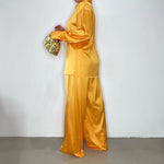 2023 Elegant Satin Women's Matching Sets Casual Long Sleeve Shirt Straight Pants Suit Female Loose Solid Tops Two Pieces Outfits