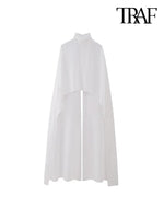 TRAF Women Fashion Asymmetric Gauze Semi-sheer Cape Coat Vintage High Neck Back With Button Female Outerwear Chic Clothing