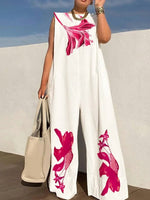 Wide Leg Pants Loose Fit Jumpsuits Women Summer O-Neck Sleeveless Printing Playsuits Patchwork Loungewear Rompers Dropshipping