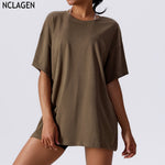 NCLAGEN Summer Loose Fitting Top Fitness Women's Breathable Yoga Running Sports Short Sleeves Gym Workout Training Dry Fit Top