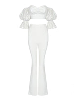 High Quality White Color Women Short Puff Sleeve Top Pants Set Royan Bandage Celebrity Fashion Women's Set