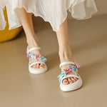 Fashion Crystal Women Sandals Summer 2023 New Round Heels Gladiator Sandals Woman Beige PU Leather High Heeled Slippers