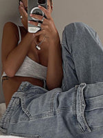 Waatfaak Streetwear Mom Cargo Jeans Trousers Woman Pockets Patchwork Y2K Baggy High Waist Jeans Pants Straight Vintage Boyfriend