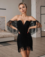 CIEMIILI 2022 Women Fashion Tassel Bandage Dress Sexy V Neck Off Shoulder Bodycon Nightclub Celebrity Female Party Mini Dresses