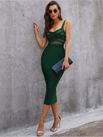 Solid Nude Women Summer Sexy Sleeveless Backless V Neck Green Mesh Midi Bodycon Bandage Dress Elegant Evening Party Dress