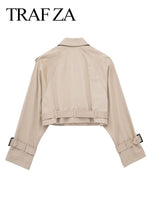 TRAFZA Women Khaki Pant Suit Solid Elegant Belt Long Sleeve Crop Jacket + High Waiste Zipper Fly Pants Sets 2023 Chic Streetwear