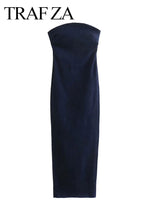 TRAFZA 2023 Women Elegant Denim Dress Strapless Back Zipper Slit Dresses Summer Female Off Shoulder Backless Denim Long Dress