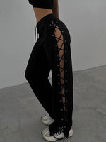 TARUXY Knitted Slit Hollow Sweatpants Women Solid Tie High Waist Loose Summer Trousers For Ladies Casual Streetwear Pants Woman