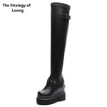 Winter New Slim Height Increasing Platform Buckle Rivet Metal Decoration Genuine Leather Women Over-the-Knee Long Modern Boots