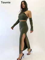 Tawnie Hooded Skirt Set Sexy Two Piece Set Long Skirt And Crop Top Backless Off Shoulder Split Summer Fashion Women Slim Vestido