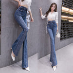 Rhinestone Flared Jeans For Women Soft Skinny Patchwork Boot-Cut Denim Trousers Mujer Fashion Stretch Pants Ladies 2023 Blue