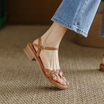 Retro Women's Sandals Roman Literary Style Hollow Female Shoes Summer Solid Color Thick Heels Flat Bottom Ladies Shoes