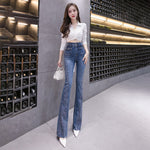 Rhinestone Flared Jeans For Women Soft Skinny Patchwork Boot-Cut Denim Trousers Mujer Fashion Stretch Pants Ladies 2023 Blue