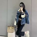 Stitching Denim Jackets Women's Spring Autumn Winter 2023 Trendy Fashion Coat Casual Loose Baseball Uniforms Open Stitch Jacket
