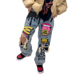 Women's 2023 Spring and Autumn New Spicy Girls Street Fashion Hip Hop Rock Letter Print Pattern Knee Hole Straight Leg Jeans