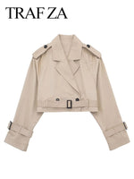 TRAFZA Women Khaki Pant Suit Solid Elegant Belt Long Sleeve Crop Jacket + High Waiste Zipper Fly Pants Sets 2023 Chic Streetwear