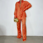 2023 Elegant Satin Women's Matching Sets Casual Long Sleeve Shirt Straight Pants Suit Female Loose Solid Tops Two Pieces Outfits