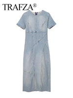 TRAFZA 2023 Summer Zip Slit Jean Short Sleeve  Long Dresses Women Streetwear Female Dress Woman Denim Dress