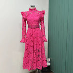 French temperament water-soluble lace single-breasted hollow long-sleeved dress
