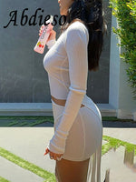 Abdieso 2023 Autumn Ribber Irregular Dress Two Piece Sets Casual Women Fashion Long Sleeve Top And Mini Skirt Sexy Matching Sets