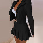 Autumn Winter Fashion HIgh Street Women Pleated Skirts Sets Casual Solid Color Lapel Suit Outwear Elegant Slim Party Female Sets