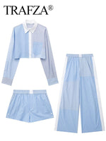 TRAFZA Lazy Wind Fashion Vintage Patchwork Blue Long-Sleeved Striped Shirt Wide Leg Pants Shorts Female