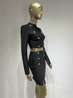 Women Spring Sexy Long Sleeve Turtleneck Button Black Mini Bodycon Skirt Bandage Set 2023 Elegant Evening Club Party Outfits