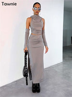Tawnie Hooded Skirt Set Sexy Two Piece Set Long Skirt And Crop Top Backless Off Shoulder Split Summer Fashion Women Slim Vestido