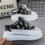 Canvas Baotou Semi-slippers Women's New Summer Outer Wear All-match Thick Bottom Inner Heightening 8cm No Heel Slip-on Shoes