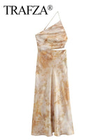 TRAFZA Women Summer New Casual Fold Tie-dye Sexy Dress Sleeveless Diagonal Collar Printed Backless Holiday Long Dresses Vestidos