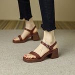 6CM Pu Leather Sandals Block High Heels Women Roma Sandals Open Toe Retro Buckle Sandals Ankle Strap 2023 Trend