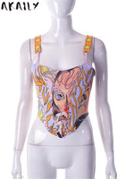 Akaily Summer Y2K Print Graphic Crop Tops For Women 2023 Streetwear Spaghetti Strap Backless Tank Tops Pink Bandage Camisole Top