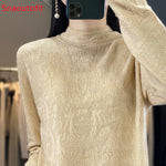 Spring/Summer Stereoscopic Hollow Wool Knit Sweater Women's Pullover Thin Fashion Long-Sleeved Half-High Collar Sexy Chic Top