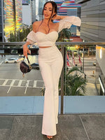 High Quality White Color Women Short Puff Sleeve Top Pants Set Royan Bandage Celebrity Fashion Women's Set
