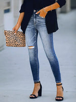 Mid-waist Blue Black Jeans Women Fashion Hole Ripped Jeans Women Skinny Washed Stretch Denim Pant Women Casual Denim Trousers