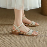 Retro Women's Sandals Roman Literary Style Hollow Female Shoes Summer Solid Color Thick Heels Flat Bottom Ladies Shoes