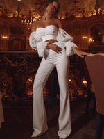High Quality White Color Women Short Puff Sleeve Top Pants Set Royan Bandage Celebrity Fashion Women's Set