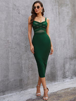 Solid Nude Women Summer Sexy Sleeveless Backless V Neck Green Mesh Midi Bodycon Bandage Dress Elegant Evening Party Dress