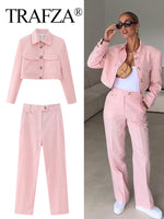 TRAFZA Woman Fashion Pant Suits Long Sleeve Pockets Jacket And High Waist Buttons Straight Pants Two Pieces Sets For Women