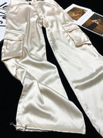 [YOZOU] Luxury Silk Gorpcore Solid Pink Drawstring Fluid Baggy Cargo Pants Women Black Beige Gray Streetwear Trousers Bottoms