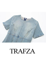 TRAFZA 2023 Summer Zip Slit Jean Short Sleeve  Long Dresses Women Streetwear Female Dress Woman Denim Dress