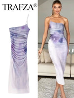 TRAFZA Female Hotsweet Sexy Dresses Gradient Color Slash-Neck Folds Sleeveless Zipper Summer Elegant And Pretty Women's Dresses