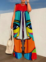 Wide Leg Pants Loose Fit Jumpsuits Women Summer O-Neck Sleeveless Printing Playsuits Patchwork Loungewear Rompers Dropshipping