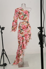 New Pink Flowers Color Women Sexy One Shoulder Bodycon Long Dress Summer Vacation Beach Party Celebrate Dress Wholesale