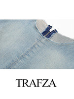 TRAFZA 2023 Summer Zip Slit Jean Short Sleeve  Long Dresses Women Streetwear Female Dress Woman Denim Dress